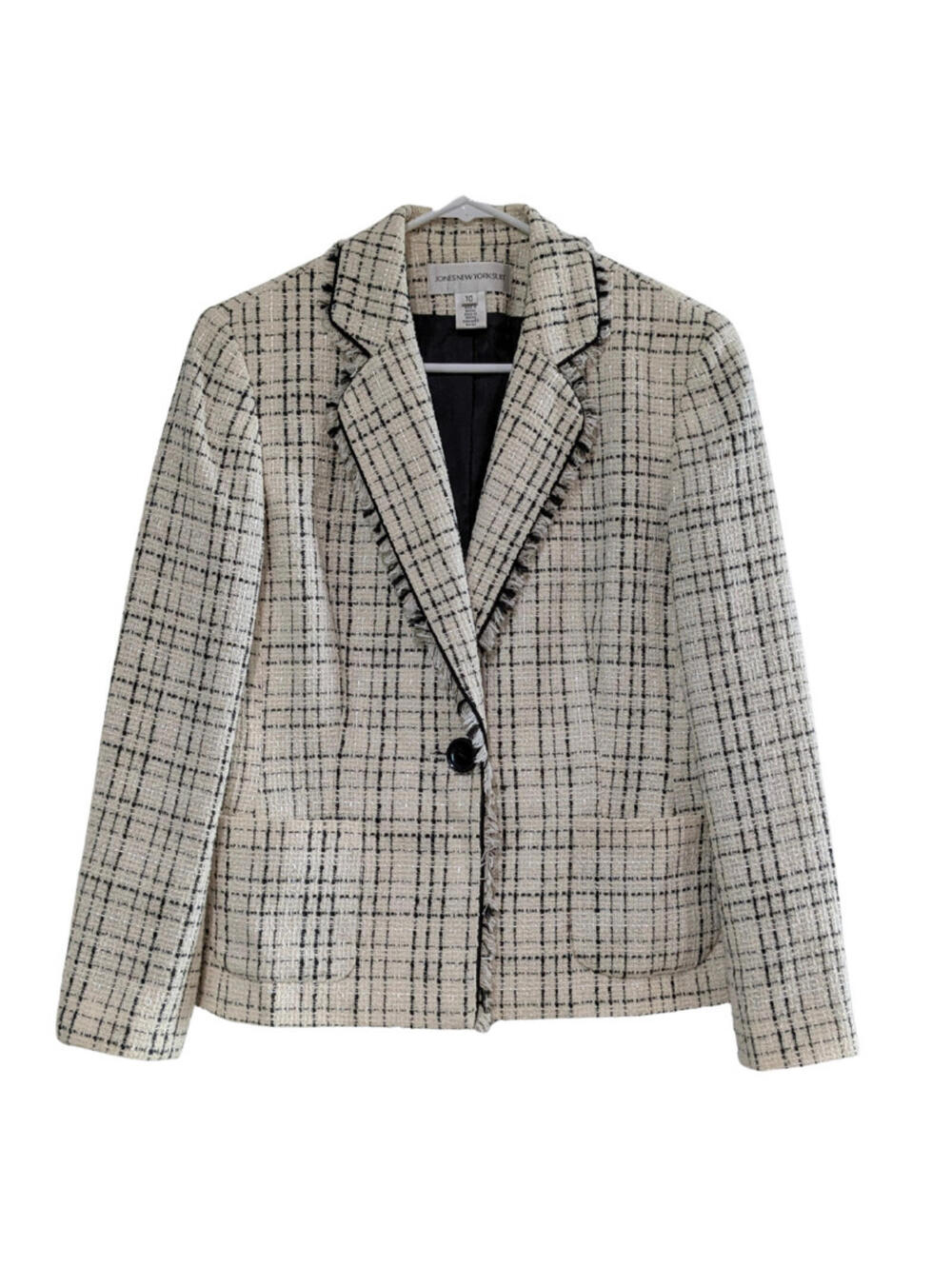 Jones New York Suit Tweed Blazer, Cream Black, Size 10, Vintage, Fringe Detail